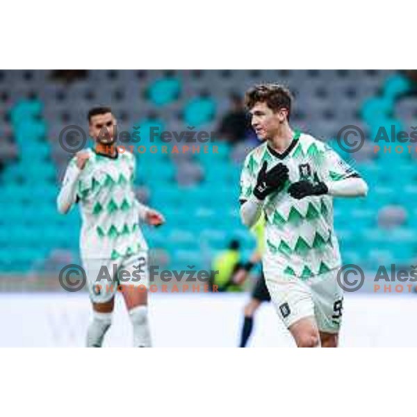 Antonio Marin of Olimpija scores and celebrates a goal during Prva liga Telemach 2024/2025 football match between Olimpija and Nafta 1903 in Ljubljana, Slovenia on February 16, 2025