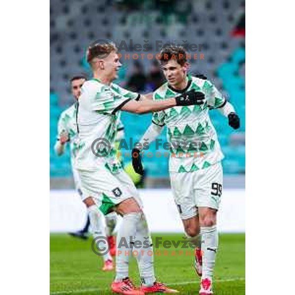 Antonio Marin and Ivan Durdov of Olimpija celebrate a goal during Prva liga Telemach 2024/2025 football match between Olimpija and Nafta 1903 in Ljubljana, Slovenia on February 16, 2025