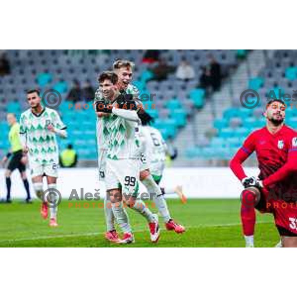 Antonio Marin and Ivan Durdov of Olimpija celebrate a goal during Prva liga Telemach 2024/2025 football match between Olimpija and Nafta 1903 in Ljubljana, Slovenia on February 16, 2025