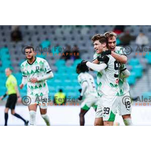 Antonio Marin and Ivan Durdov of Olimpija celebrate a goal during Prva liga Telemach 2024/2025 football match between Olimpija and Nafta 1903 in Ljubljana, Slovenia on February 16, 2025