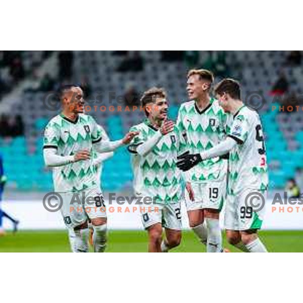Antonio Marin and players of Olimpija celebrate goal during Prva liga Telemach 2024/2025 football match between Olimpija and Nafta 1903 in Ljubljana, Slovenia on February 16, 2025