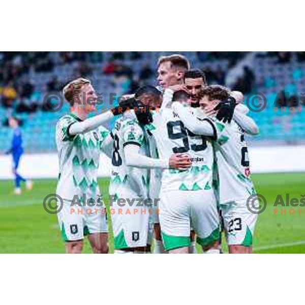 Antonio Marin and players of Olimpija celebrate goal during Prva liga Telemach 2024/2025 football match between Olimpija and Nafta 1903 in Ljubljana, Slovenia on February 16, 2025