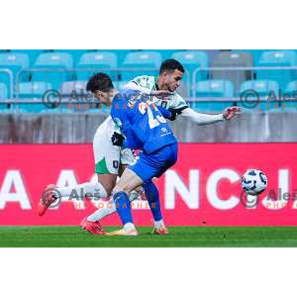 In action during Prva liga Telemach 2024/2025 football match between Olimpija and Nafta 1903 in Ljubljana, Slovenia on February 16, 2025