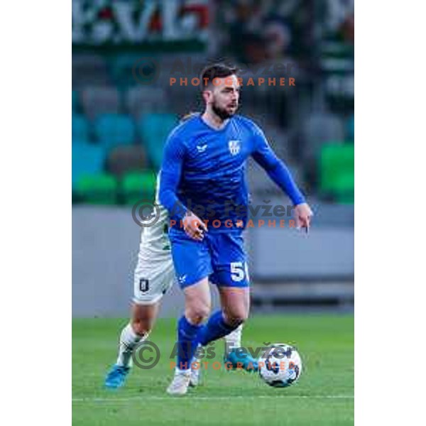 In action during Prva liga Telemach 2024/2025 football match between Olimpija and Nafta 1903 in Ljubljana, Slovenia on February 16, 2025