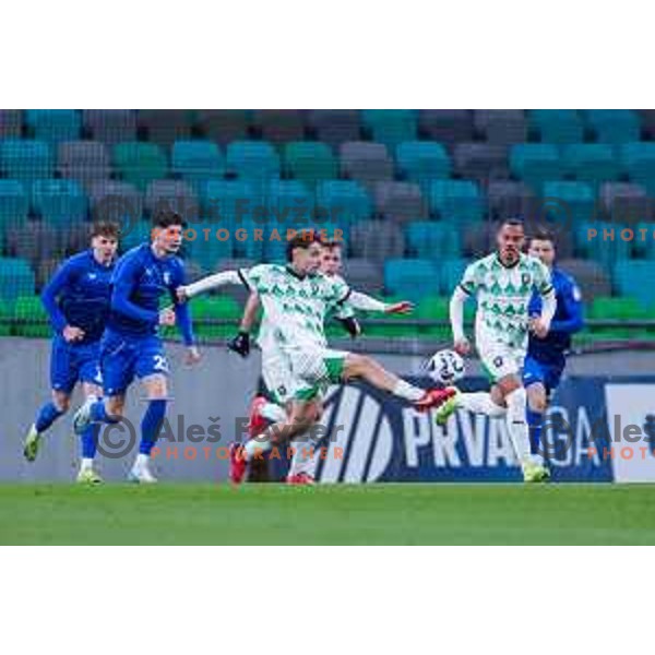 In action during Prva liga Telemach 2024/2025 football match between Olimpija and Nafta 1903 in Ljubljana, Slovenia on February 16, 2025