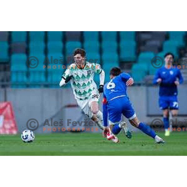 In action during Prva liga Telemach 2024/2025 football match between Olimpija and Nafta 1903 in Ljubljana, Slovenia on February 16, 2025