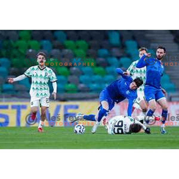 In action during Prva liga Telemach 2024/2025 football match between Olimpija and Nafta 1903 in Ljubljana, Slovenia on February 16, 2025
