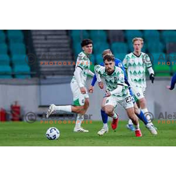 In action during Prva liga Telemach 2024/2025 football match between Olimpija and Nafta 1903 in Ljubljana, Slovenia on February 16, 2025
