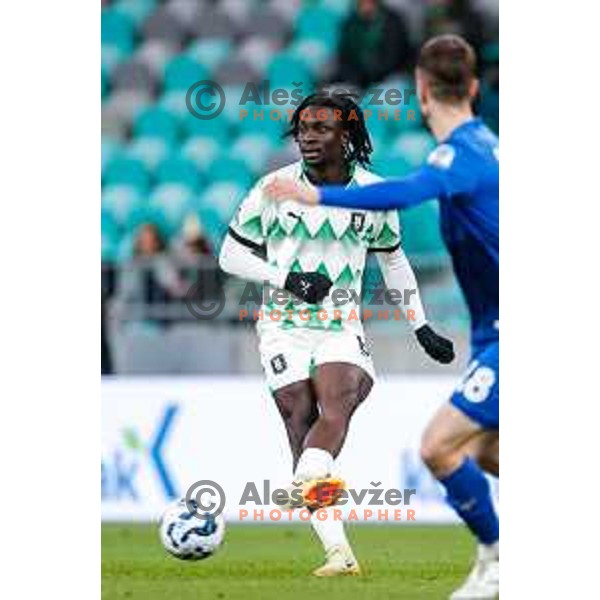 In action during Prva liga Telemach 2024/2025 football match between Olimpija and Nafta 1903 in Ljubljana, Slovenia on February 16, 2025