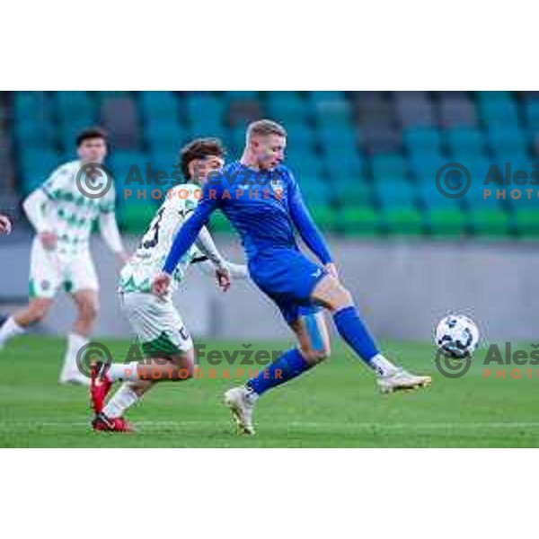 In action during Prva liga Telemach 2024/2025 football match between Olimpija and Nafta 1903 in Ljubljana, Slovenia on February 16, 2025