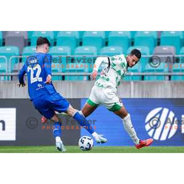 In action during Prva liga Telemach 2024/2025 football match between Olimpija and Nafta 1903 in Ljubljana, Slovenia on February 16, 2025