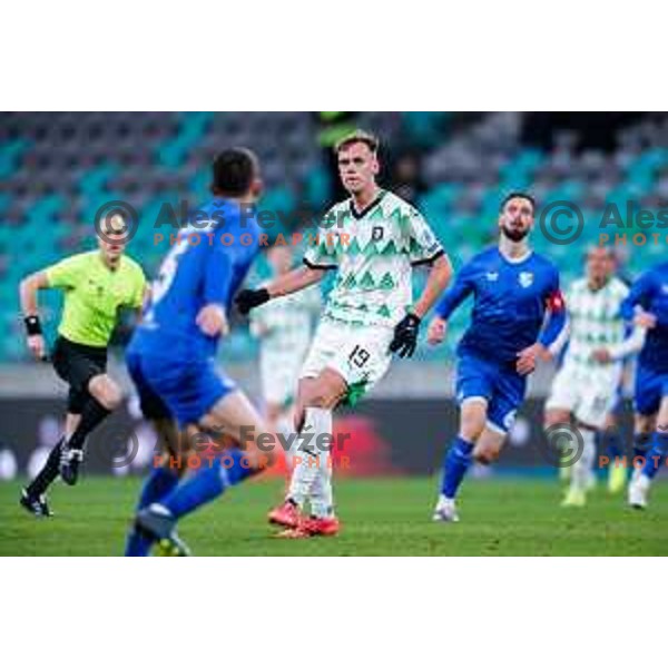 In action during Prva liga Telemach 2024/2025 football match between Olimpija and Nafta 1903 in Ljubljana, Slovenia on February 16, 2025