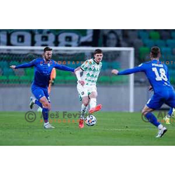 In action during Prva liga Telemach 2024/2025 football match between Olimpija and Nafta 1903 in Ljubljana, Slovenia on February 16, 2025
