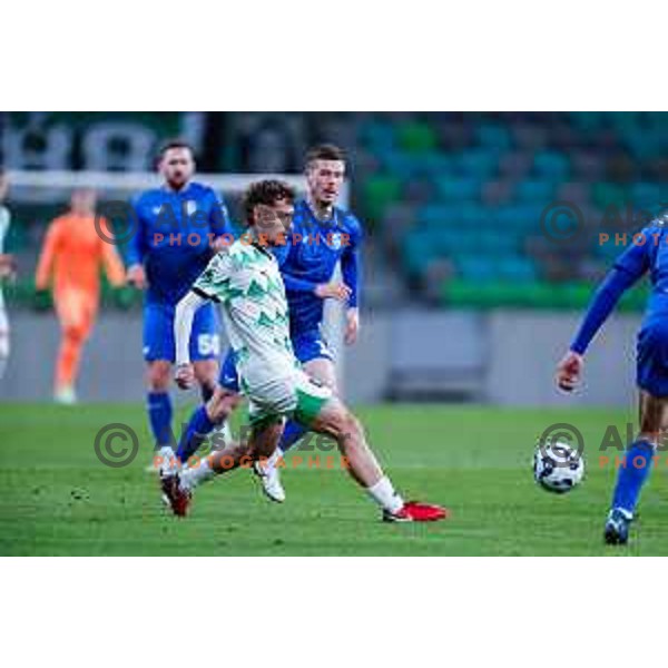 In action during Prva liga Telemach 2024/2025 football match between Olimpija and Nafta 1903 in Ljubljana, Slovenia on February 16, 2025