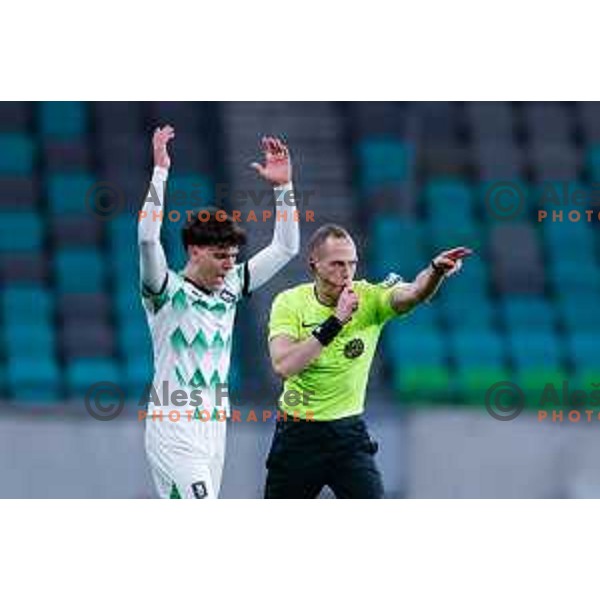 In action during Prva liga Telemach 2024/2025 football match between Olimpija and Nafta 1903 in Ljubljana, Slovenia on February 16, 2025