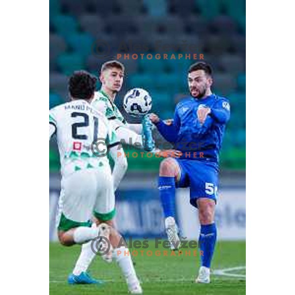 In action during Prva liga Telemach 2024/2025 football match between Olimpija and Nafta 1903 in Ljubljana, Slovenia on February 16, 2025