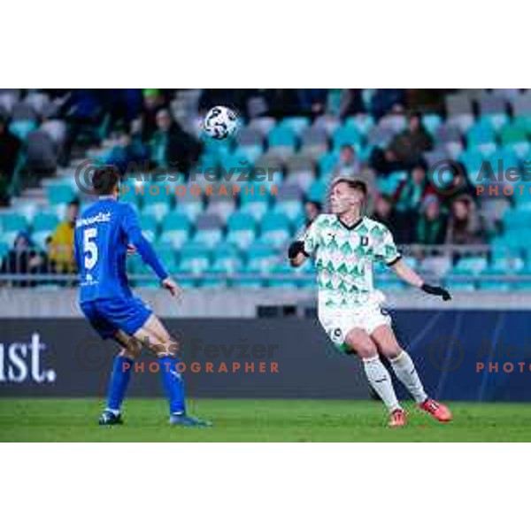 In action during Prva liga Telemach 2024/2025 football match between Olimpija and Nafta 1903 in Ljubljana, Slovenia on February 16, 2025