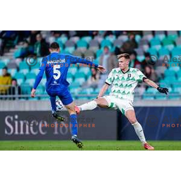 In action during Prva liga Telemach 2024/2025 football match between Olimpija and Nafta 1903 in Ljubljana, Slovenia on February 16, 2025