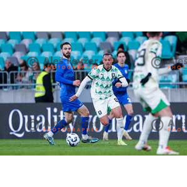 In action during Prva liga Telemach 2024/2025 football match between Olimpija and Nafta 1903 in Ljubljana, Slovenia on February 16, 2025