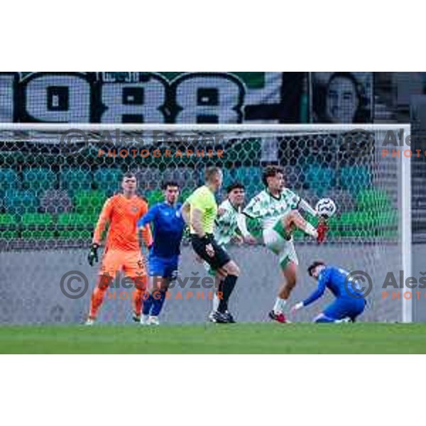 In action during Prva liga Telemach 2024/2025 football match between Olimpija and Nafta 1903 in Ljubljana, Slovenia on February 16, 2025