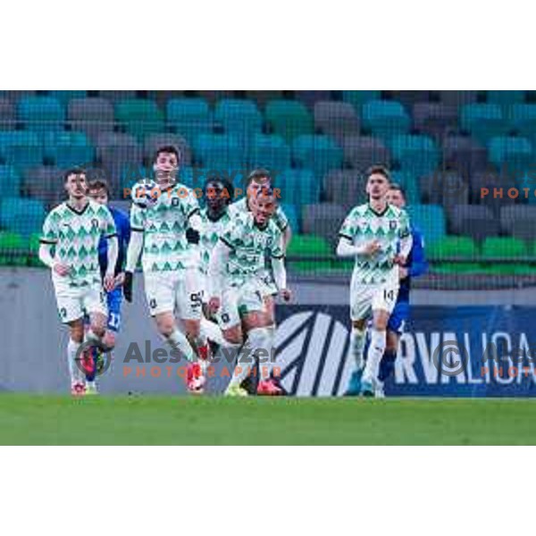 In action during Prva liga Telemach 2024/2025 football match between Olimpija and Nafta 1903 in Ljubljana, Slovenia on February 16, 2025