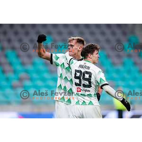 In action during Prva liga Telemach 2024/2025 football match between Olimpija and Nafta 1903 in Ljubljana, Slovenia on February 16, 2025