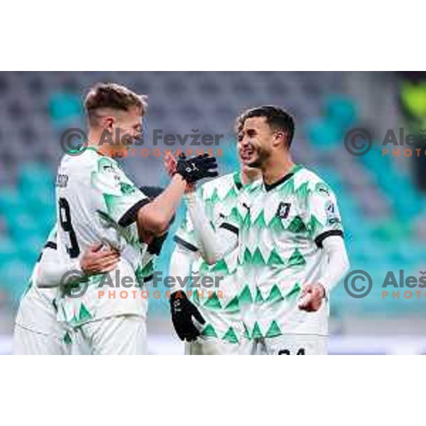 In action during Prva liga Telemach 2024/2025 football match between Olimpija and Nafta 1903 in Ljubljana, Slovenia on February 16, 2025