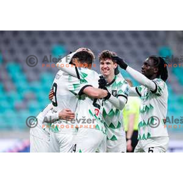 In action during Prva liga Telemach 2024/2025 football match between Olimpija and Nafta 1903 in Ljubljana, Slovenia on February 16, 2025