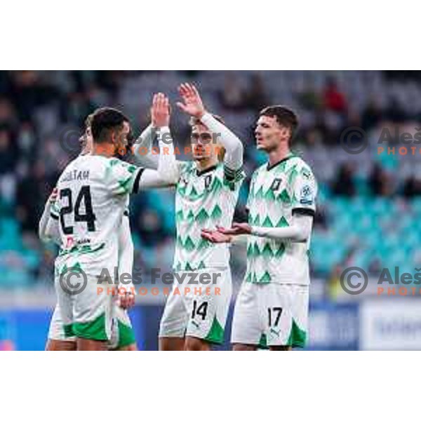 In action during Prva liga Telemach 2024/2025 football match between Olimpija and Nafta 1903 in Ljubljana, Slovenia on February 16, 2025