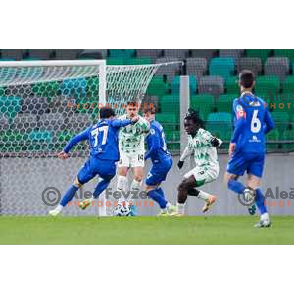In action during Prva liga Telemach 2024/2025 football match between Olimpija and Nafta 1903 in Ljubljana, Slovenia on February 16, 2025