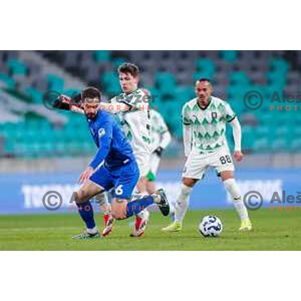 In action during Prva liga Telemach 2024/2025 football match between Olimpija and Nafta 1903 in Ljubljana, Slovenia on February 16, 2025