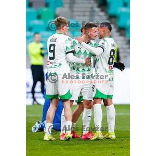 Raul Florucz and players of Olimpija celebrate a goal during Prva liga Telemach 2024/2025 football match between Olimpija and Nafta 1903 in Ljubljana, Slovenia on February 16, 2025