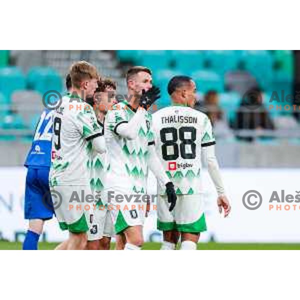 Raul Florucz and players of Olimpija celebrate a goal during Prva liga Telemach 2024/2025 football match between Olimpija and Nafta 1903 in Ljubljana, Slovenia on February 16, 2025