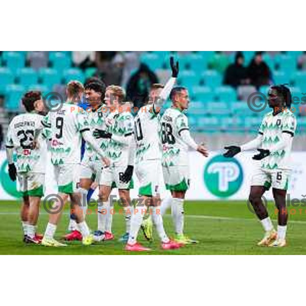 Raul Florucz and players of Olimpija celebrate a goal during Prva liga Telemach 2024/2025 football match between Olimpija and Nafta 1903 in Ljubljana, Slovenia on February 16, 2025