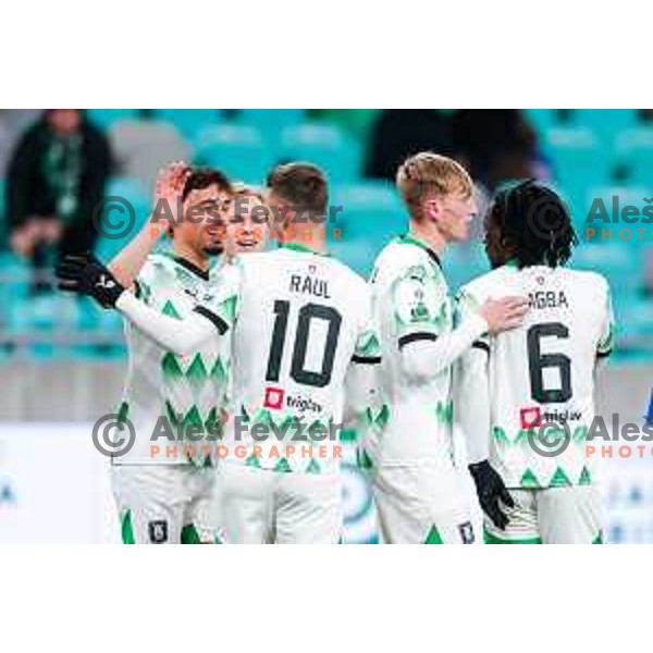 Raul Florucz and players of Olimpija celebrate a goal during Prva liga Telemach 2024/2025 football match between Olimpija and Nafta 1903 in Ljubljana, Slovenia on February 16, 2025
