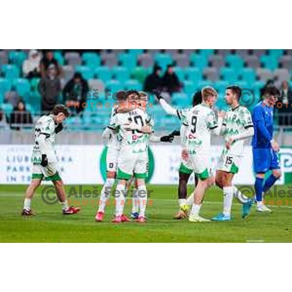 Raul Florucz and players of Olimpija celebrate a goal during Prva liga Telemach 2024/2025 football match between Olimpija and Nafta 1903 in Ljubljana, Slovenia on February 16, 2025