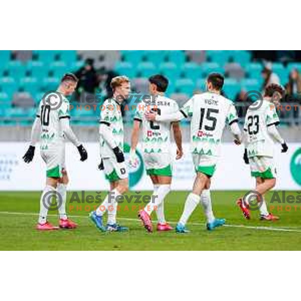 Raul Florucz and players of Olimpija celebrate a goal during Prva liga Telemach 2024/2025 football match between Olimpija and Nafta 1903 in Ljubljana, Slovenia on February 16, 2025
