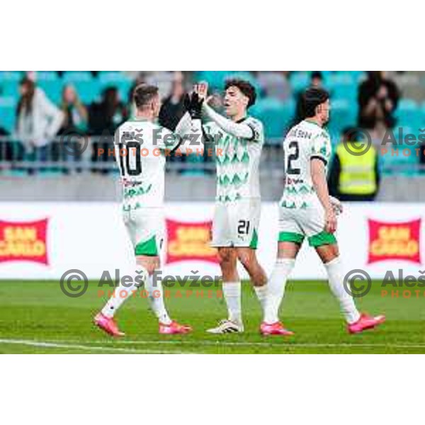 Raul Florucz and players of Olimpija celebrate a goal during Prva liga Telemach 2024/2025 football match between Olimpija and Nafta 1903 in Ljubljana, Slovenia on February 16, 2025
