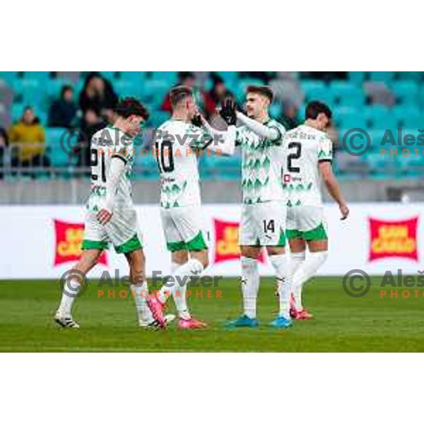 Raul Florucz and players of Olimpija celebrate a goal during Prva liga Telemach 2024/2025 football match between Olimpija and Nafta 1903 in Ljubljana, Slovenia on February 16, 2025