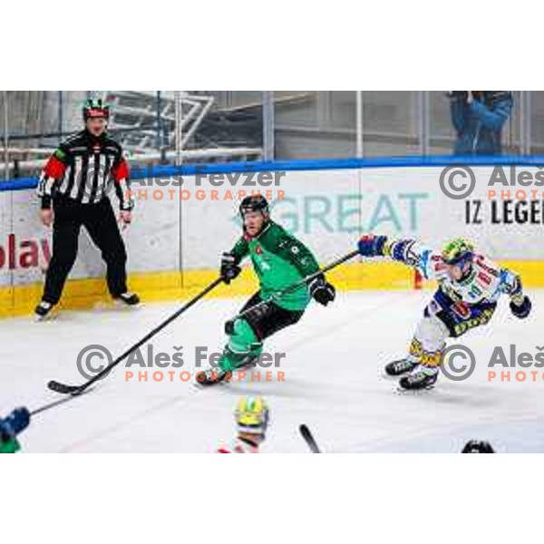 Kale Kerbashian in action during IceHL regular season 2024/2025 ice-hockey match between SZ Olimpija and VSV in Ljubljana, Slovenia on February 16, 2025