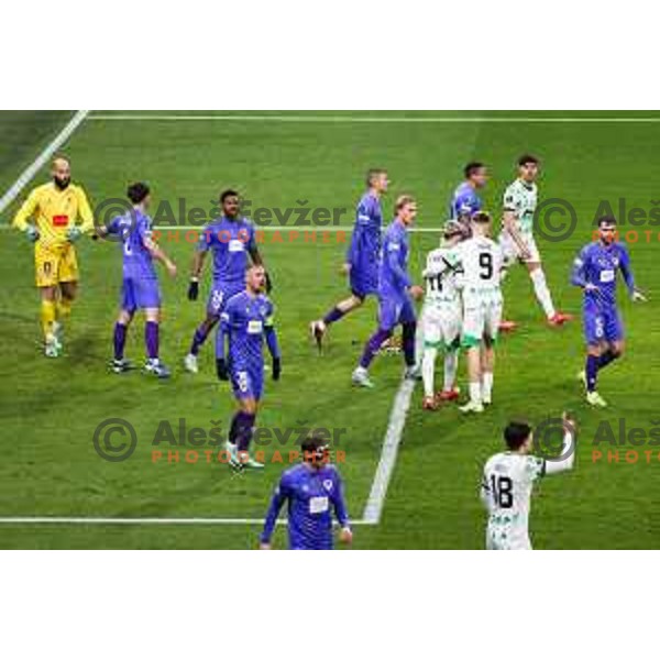 Alex Blanco and Dino Kojic of Olimpija in action during UEFA Conference League Playoff Round football match between Olimpija and Borac Banja Luka in Stozice, Ljubljana, Slovenia on February 20, 2025. Photo: Filip Barbalic
