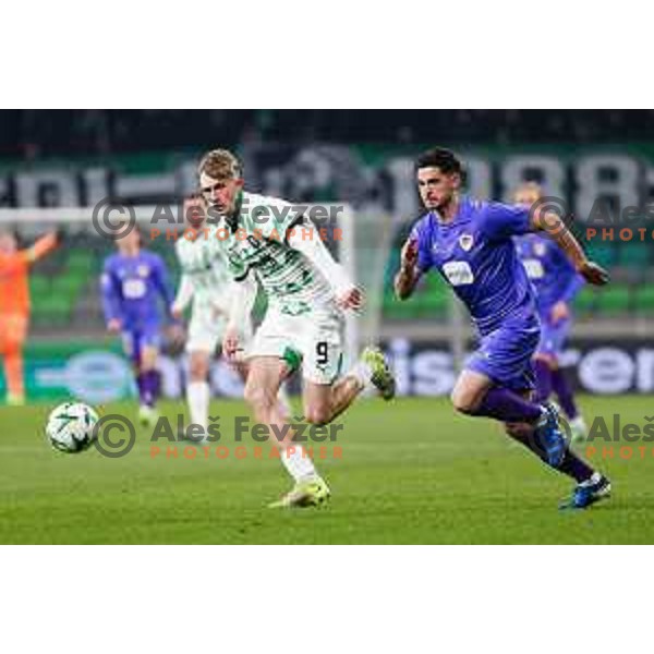 Dino Kojic of Olimpija in action during UEFA Conference League Playoff Round football match between Olimpija and Borac Banja Luka in Stozice, Ljubljana, Slovenia on February 20, 2025. Photo: Filip Barbalic