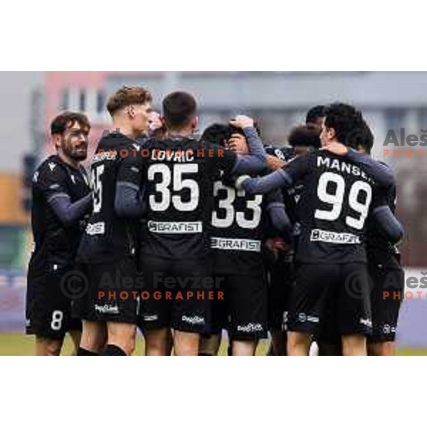 Team Fc Koper celebrating goal during Prva liga Telemach football match between Bravo Big Bang and FC Koper in Sport park Siska, Ljubljana, Slovenia on February 22, 2025.