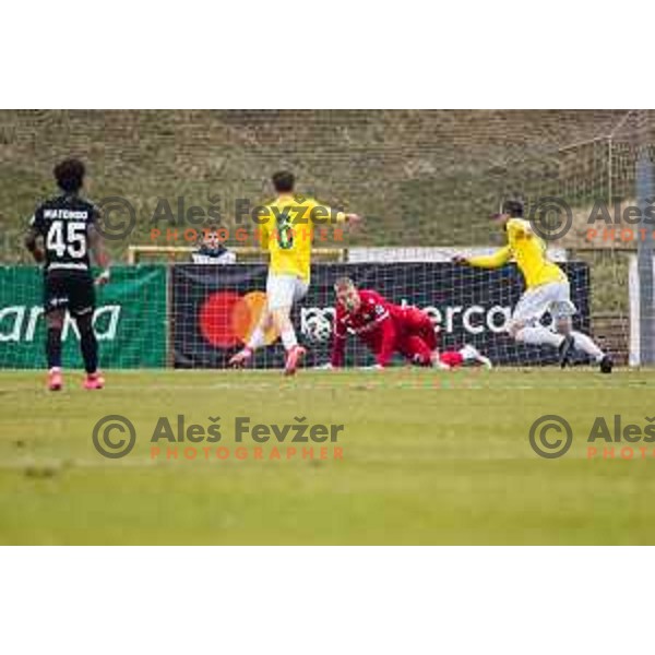 Luka Bas of FC Koper in action during Prva liga Telemach football match between Bravo Big Bang and FC Koper in Sport park Siska, Ljubljana, Slovenia on February 22, 2025.