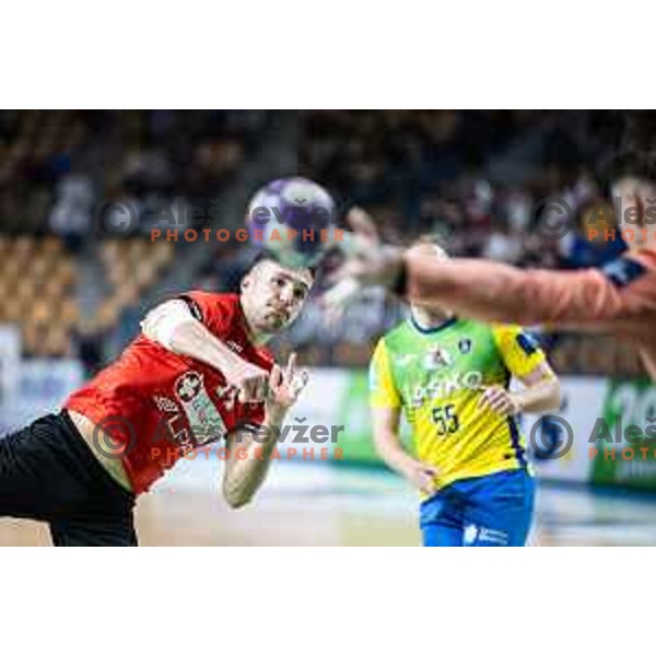 Leon Ljevar in action during 1.NLB League handball match between RK Celje PL and LL Grosist Slovan in Dvorana Zlatorog, Celje, Slovenia on February 22, 2025. Photo: Jure Banfi