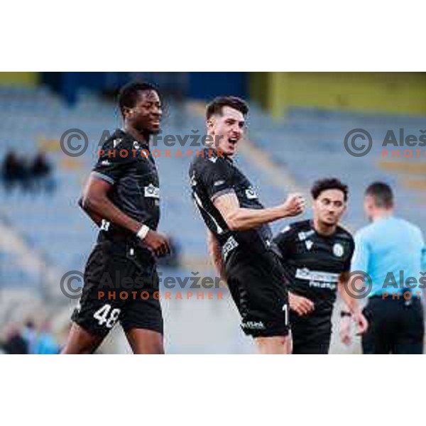 Ahmed Sidibe and Deni Juric celebrate a goal during Prva liga Telemach 2024/2025 football match between Domzale and Koper in Domzale on February 8, 2025