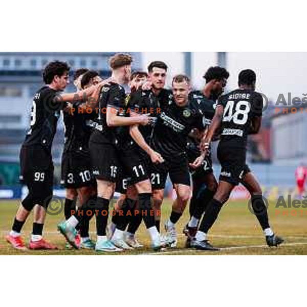 Deni Juric, Nik Omladic and players of Koper celebrate a goal during Prva liga Telemach 2024/2025 football match between Domzale and Koper in Domzale on February 8, 2025