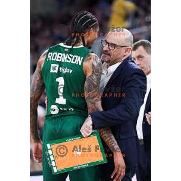 Devin Robinson and head coach of Cedevita Olimpija, Zvezdan Mitrovic in action during regular season basketball match of AdmiralBet ABA League 2024/2025 between Cedevita Olimpija Ljubljana (SLO) and Crvena Zvezda MeridianBet (SRB) in SRC Stozice, Ljubljana, Slovenia on March 9, 2025. Photo: Filip Barbalic