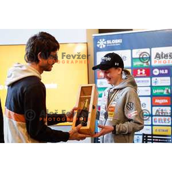 Rok Benkovic and Ema Klinec at press conference of Slovenia Nordic Ski jumping team after Trondheim 2025 World Championships in Ljubljana, Slovenia on March 10, 2025