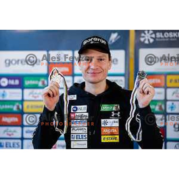 Anze Lanisek at press conference of Slovenia Nordic Ski jumping team after Trondheim 2025 World Championships in Ljubljana, Slovenia on March 10, 2025